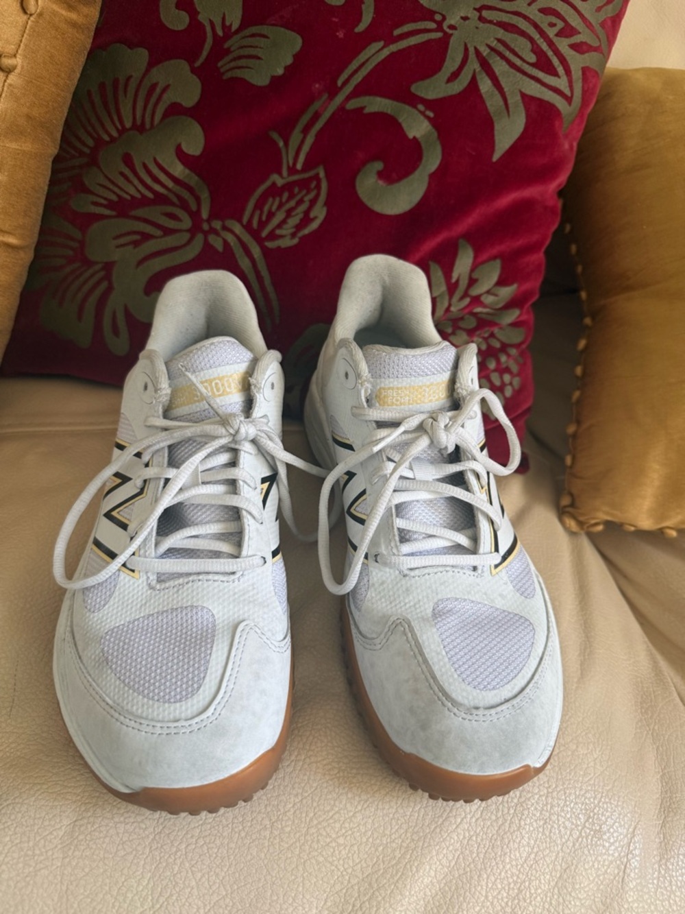 New Balance T3000v7 White Sneakers with Gum Soles and Subtle Gold Accents